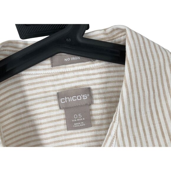Chico’s no iron 100% linen roll tab button up top shirt size 0.5 S 6 tan striped - Picture 5 of 7
